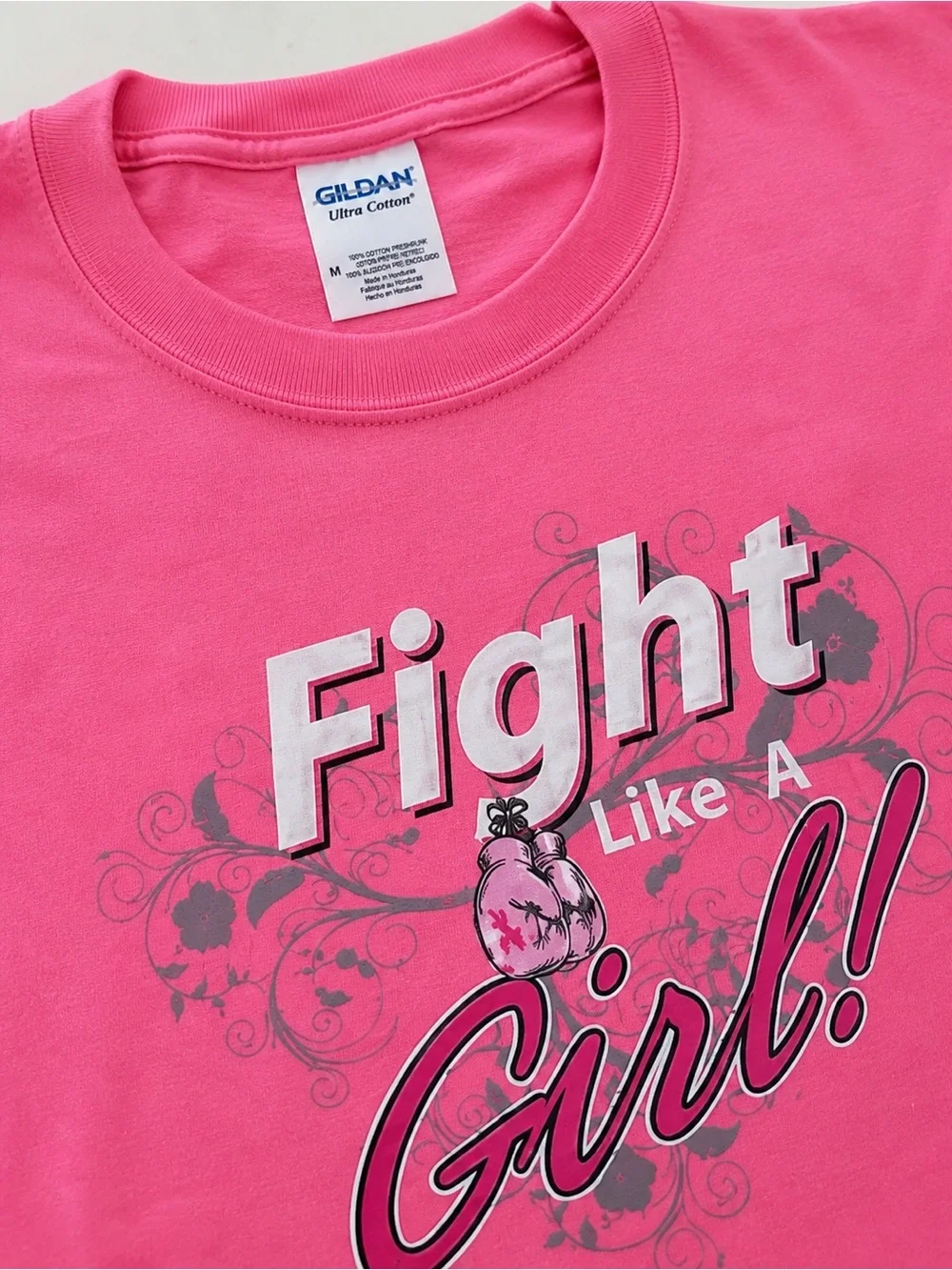 Gildan Hot Pink Fight Like A Girl Graphic Tee Breast Cancer Awareness NWT M - Picture 2 of 4